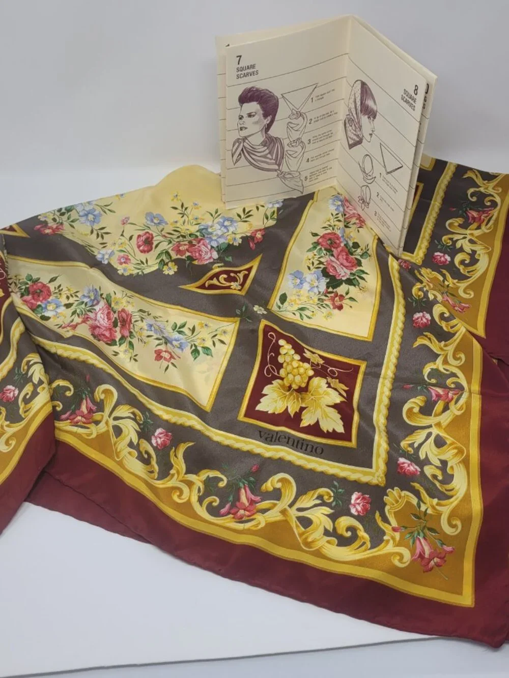 Valentino 100% Silk Square Scarf - Floral & Grapevine Crest Motif Made in Italy